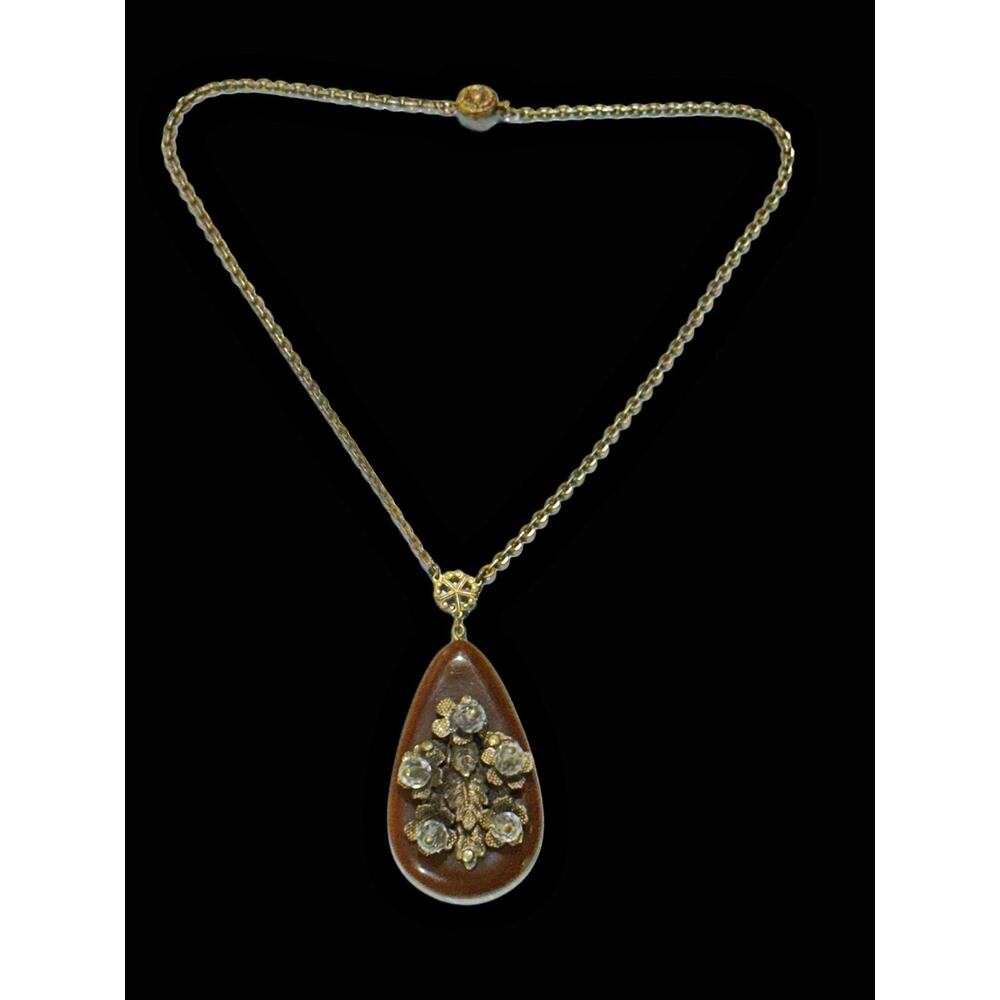 Vintage Lucite Teardrop Pendant Necklace Amber Brown Clear Crystal Bead Floral